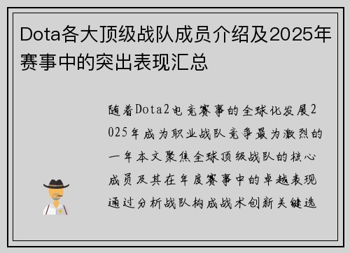 Dota各大顶级战队成员介绍及2025年赛事中的突出表现汇总