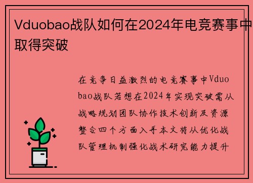 Vduobao战队如何在2024年电竞赛事中取得突破